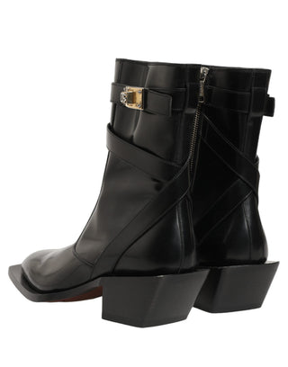 Black Leather DG Plaque Mid Calf Boots Shoes