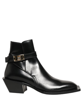 Black Leather DG Plaque Ankle Boots Shoes