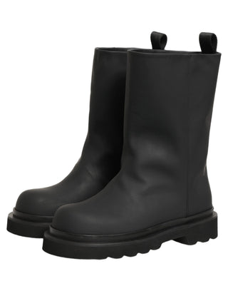 Black Leather Mid Calf Chunky Men Boots Shoes