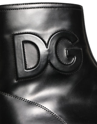 Black Leather Embossed Logo Ankle Boots Shoes