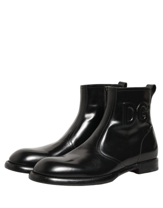 Black Leather Embossed Logo Ankle Boots Shoes