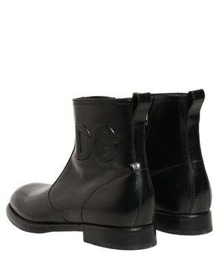 Black Leather Embossed Logo Ankle Boots Shoes