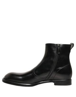 Black Leather Embossed Logo Ankle Boots Shoes