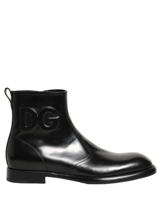 Black Leather Embossed Logo Ankle Boots Shoes