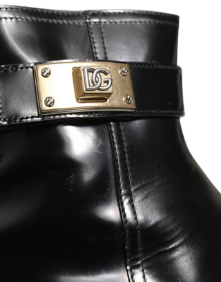 Black Leather Logo Buckle Mid Calf Boots Shoes