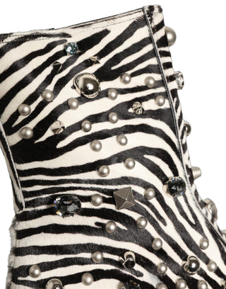 Black White Zebra Embellished Boots Shoes