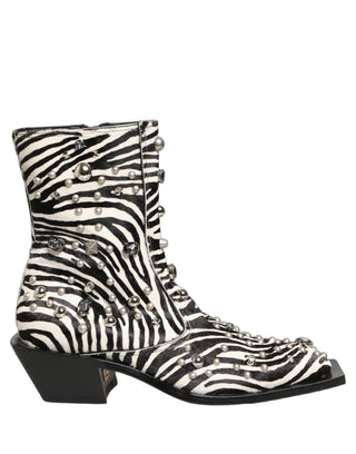 Black White Zebra Embellished Boots Shoes