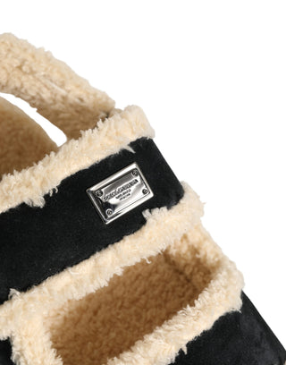 Beige Black Faux Fur Flats Men Sandals Shoes