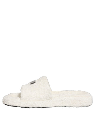 White Faux Fur Flats Men Slides Sandals Shoes