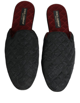 Black Floral Brocade Slides Slippers Shoes