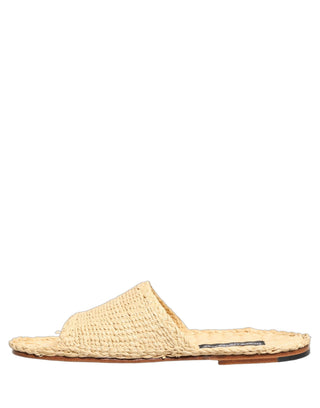 Beige Straw Raffia Slides Sandals Flats Shoes