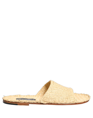Beige Straw Raffia Slides Sandals Flats Shoes