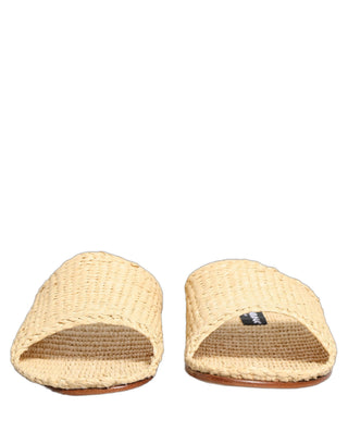 Beige Straw Raffia Slides Sandals Flats Shoes
