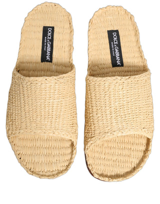 Beige Straw Raffia Slides Sandals Flats Shoes