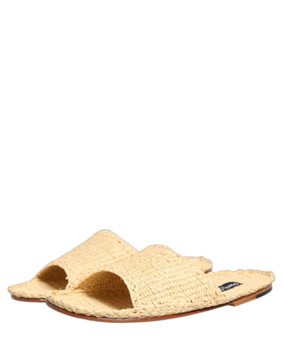 Beige Straw Raffia Slides Sandals Flats Shoes