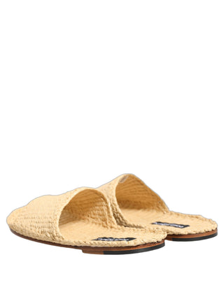 Beige Straw Raffia Slides Sandals Flats Shoes