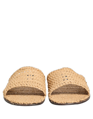 Beige Straw Raffia Slides Sandals Flats Shoes