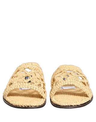 Beige Straw Raffia Slides Sandals Flats Shoes