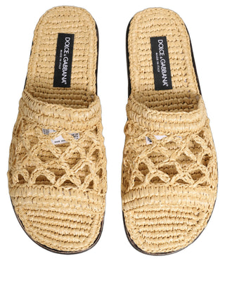 Beige Straw Raffia Slides Sandals Flats Shoes
