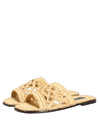 Beige Straw Raffia Slides Sandals Flats Shoes
