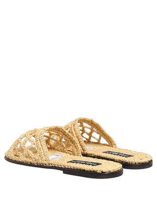 Beige Straw Raffia Slides Sandals Flats Shoes