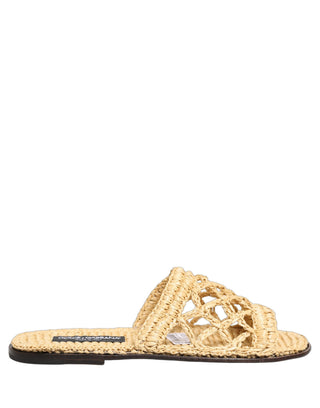 Beige Straw Raffia Slides Sandals Flats Shoes