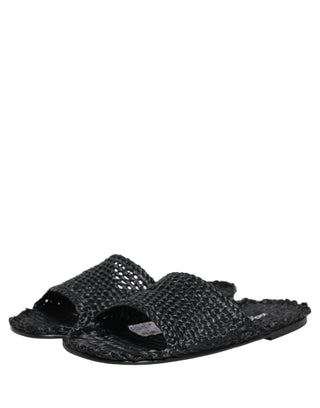 Black Straw Raffia Slides Sandals Flats Shoes