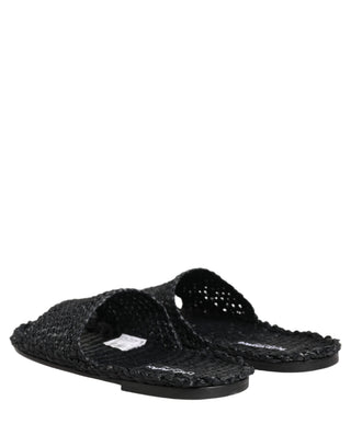 Black Straw Raffia Slides Sandals Flats Shoes