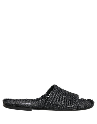 Black Straw Raffia Slides Sandals Flats Shoes