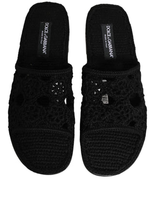 Black Fabric Woven Slides Sandals Flats Shoes