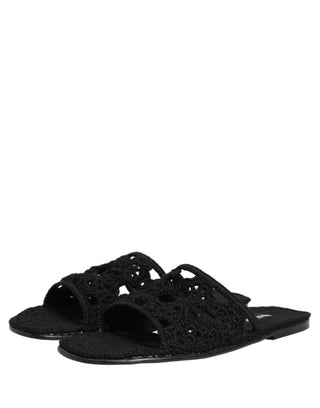 Black Fabric Woven Slides Sandals Flats Shoes