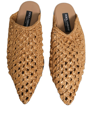 Beige Woven Straw Slides Sandals Flats Shoes