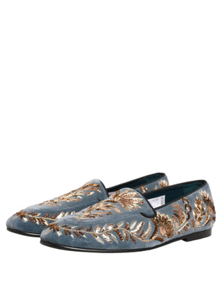 Blue Velvet Embellished Dress Loafers Shoes
