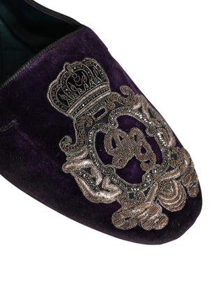 Purple Velvet Crown Embroidery Loafers Shoes