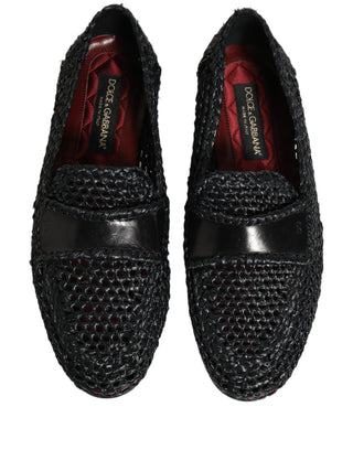 Black Woven Raffia Slip On Loafers Shoes