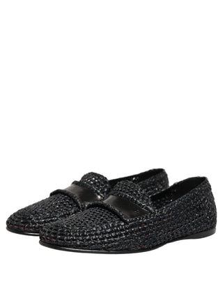 Black Woven Raffia Slip On Loafers Shoes