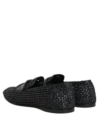 Black Woven Raffia Slip On Loafers Shoes