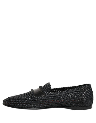 Black Woven Raffia Slip On Loafers Shoes