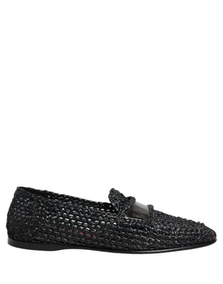 Black Woven Raffia Slip On Loafers Shoes