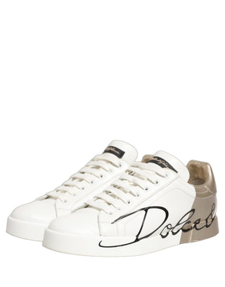 White Gold Low Top Leather Sneakers Shoes