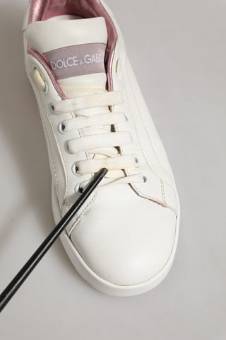 White Pink Leather Low Top Sneakers Shoes