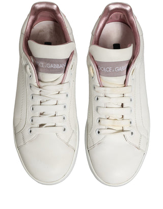 White Pink Leather Low Top Sneakers Shoes