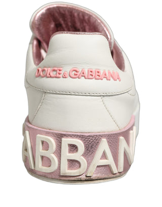 White Pink Leather Low Top Sneakers Shoes