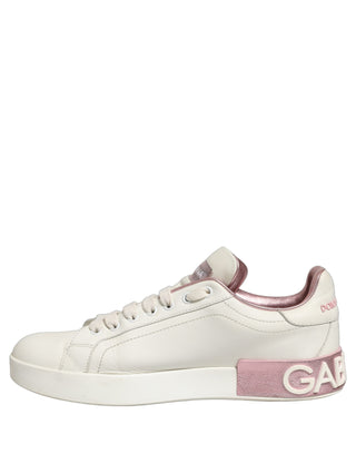 White Pink Leather Low Top Sneakers Shoes