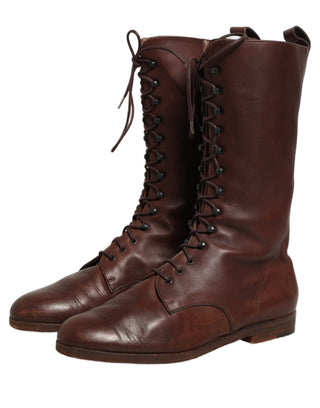 Brown Leather Lace Up Mid Calf Boots Shoes