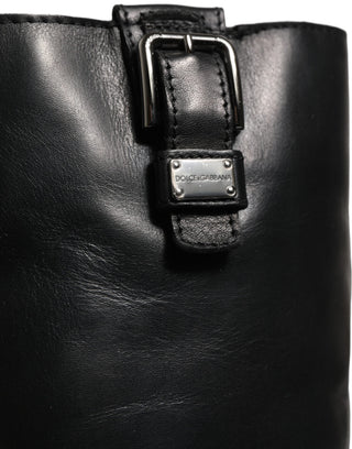 Black Leather Buckle Detail Mid Calf Boots Shoes
