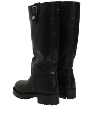 Black Leather Buckle Detail Mid Calf Boots Shoes