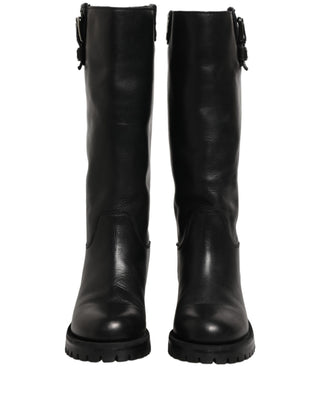 Black Leather Buckle Detail Mid Calf Boots Shoes