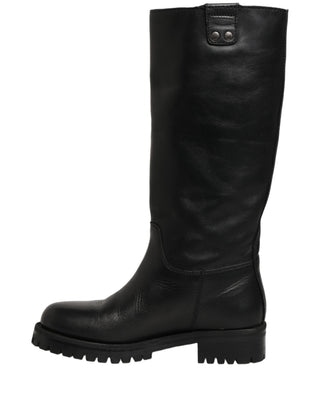Black Leather Buckle Detail Mid Calf Boots Shoes