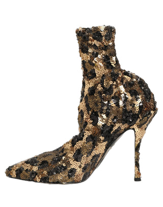 Gold Leopard Sequin Sock Ankle Boots Shoes